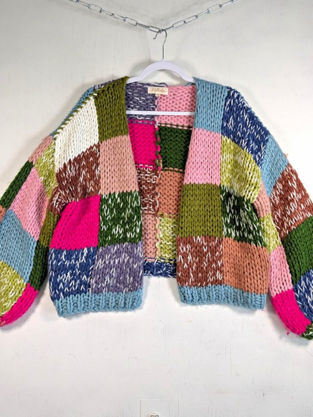 Listicle Chunky Knit Patchwork Cardigan Multicolor Colorblock Open Front Sz M